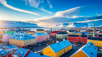 Stunning panorama of Reykjavik city capital of Iceland, beautiful architecture