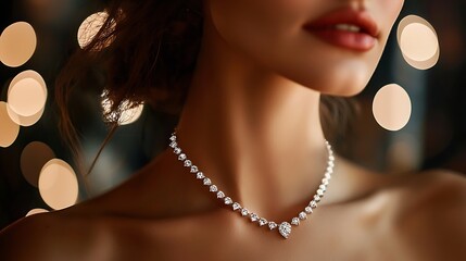 A woman wearing a necklace with a diamond pendant