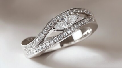 Double band ring design with an open space between them, with a marquise diamond on one band and a pave setting. generative ai