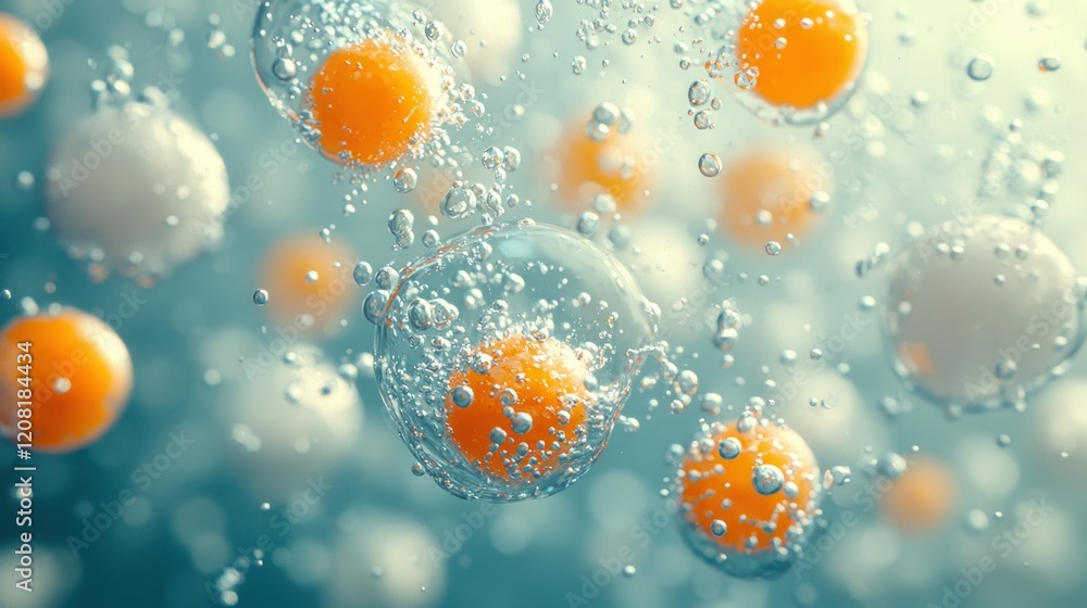Poster cells in liquid medium; bubbles; science; abstract; background; cellular structures; medical