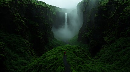 A lone hiker in a red jacket explores a lush green valley with a majestic waterfall in the background
