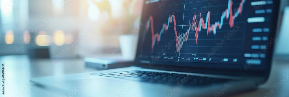 Aufkleber laptop screen shows bitcoin chart with upward trend, indicating potential growth in finance market. 