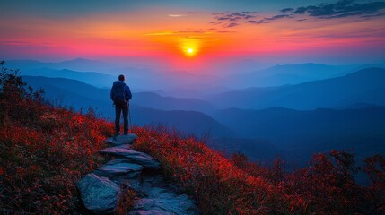 Man on mountaintop trail watching vibrant sunset.