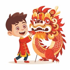 A boy is playing with a dragon