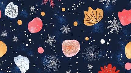 Colorful abstract winter design featuring snowflakes and organic shapes on a dark blue background.