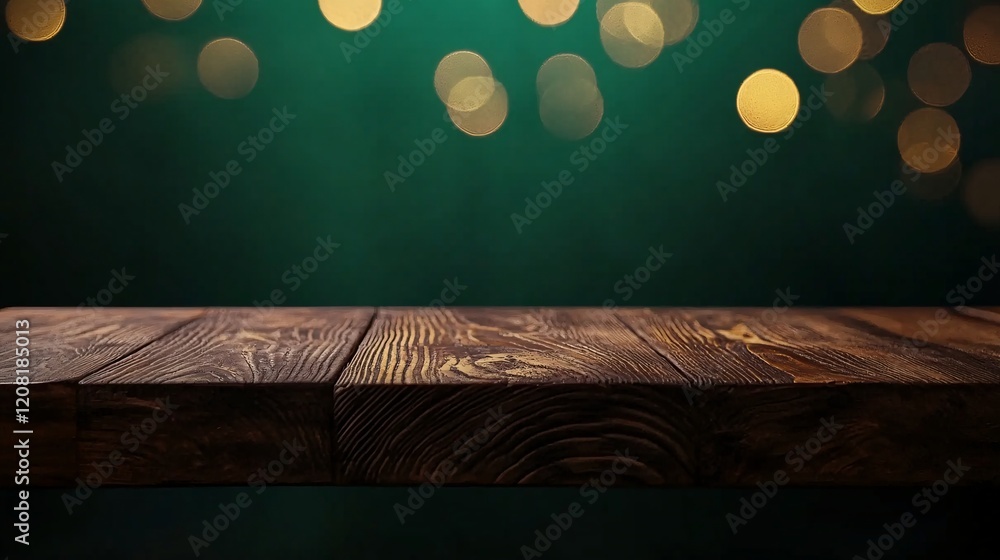Poster a rustic wooden tabletop with a blurred bokeh background of warm lights.