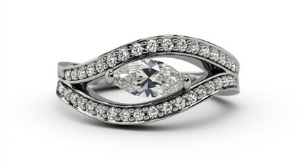 Double band ring design with an open space between them, with a marquise diamond on one band and a pave setting. generative ai