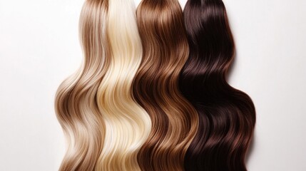 Fototapeta premium Wavy blonde, light brown, and dark brown hair extensions on white background; for hair salons or beauty websites