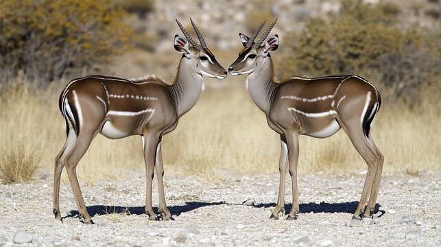 Two graceful male springboks stand close, showcasing their striking features against a natural, golden backdrop.