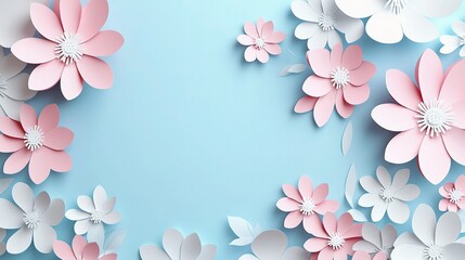 Fototapeta premium Elegant 3D Paper Cut Spring Flowers Arrangement on Blue Background