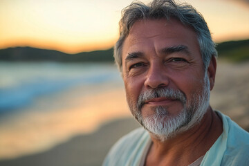 Generative AI Portrait of Person Traveler Enjoying Sunset on Beach during Summer Vacation