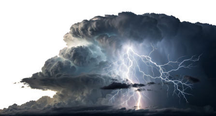 Dark rainy stormy cloud with lightning and rain isolated on transparent and white background.AI GENERATED