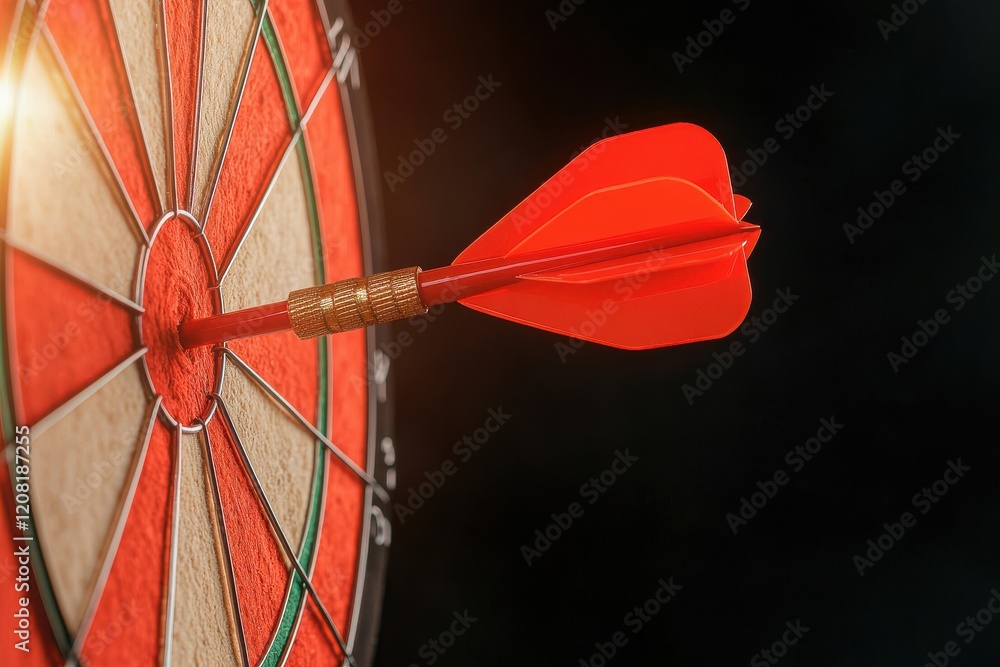 Poster a close-up of a red dart lodged in the bullseye of a dartboard, highlighting precision and focus in 