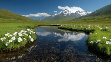 Serene Mountain Lake with Daisies