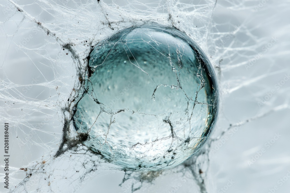 Poster a glass orb trapped within a delicate, dusty spiderweb, creating a surreal and fragile scene.