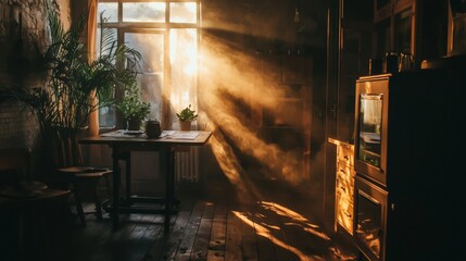 Cozy rustic room with sunlight streaming through windows