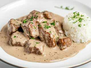 A beautifully plated Kalbsfrikassee in a creamy sauce served with rice, showcased on a pristine white background with minimalistic lighting.
