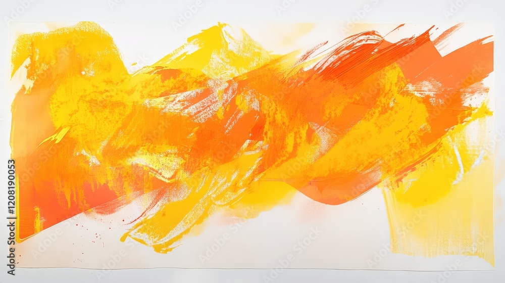 Poster vibrant orange and yellow abstract paint strokes on white lithographic paper showcasing dynamic colo