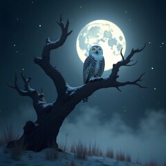 Fototapeta premium A snowy owl perches on a bare, snow-dusted tree branch under a bright moon
