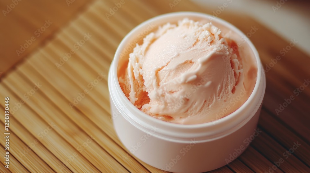 Poster delicious peach ice cream scoop in open container resting on bamboo surface for a refreshing summer 