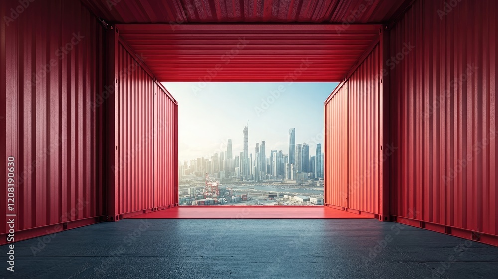 Poster open shipping container revealing urban skyline with expansive blank space for customizable text or 