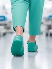 A person walks away in green scrubs and comfortable footwear, showcasing a professional medical environment.