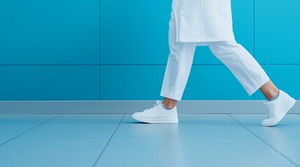 Obraz premium A healthcare professional in white attire walks confidently on a sleek, light blue tiled floor.
