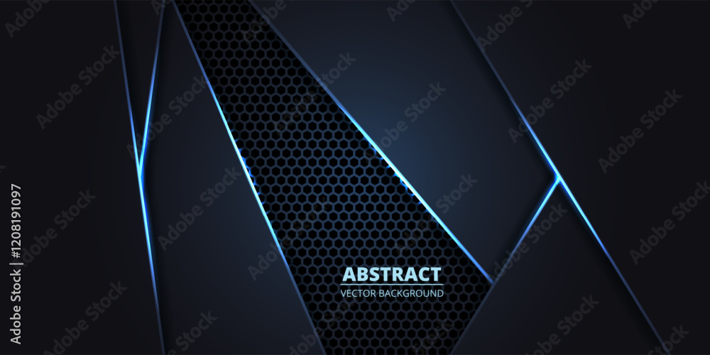 Aufkleber Dark abstract vector background with hexagon grid and blue luminous lines. Technology futuristic background with honeycomb grid and carbon fiber.