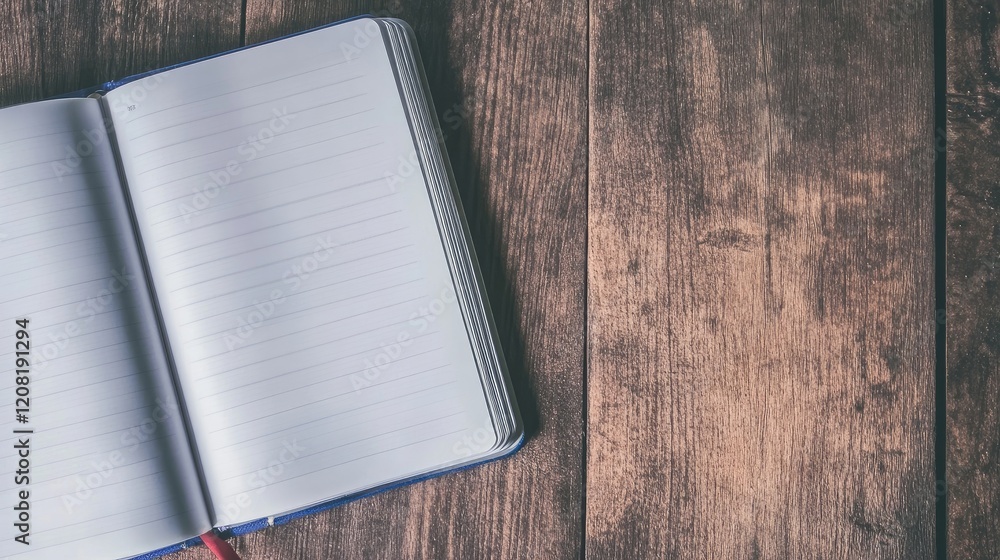 Aufkleber blank notebook on a rustic wooden table inviting creativity and ideas with its empty pages ready for