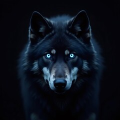 A striking portrait of a dark wolf with piercing, glowing blue eyes on black