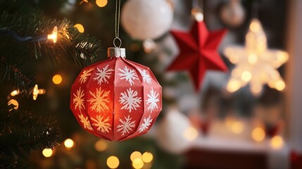 Festive New Year decoration featuring a red snowflake ornament with blurred holiday lights and stars in a cozy indoor setting