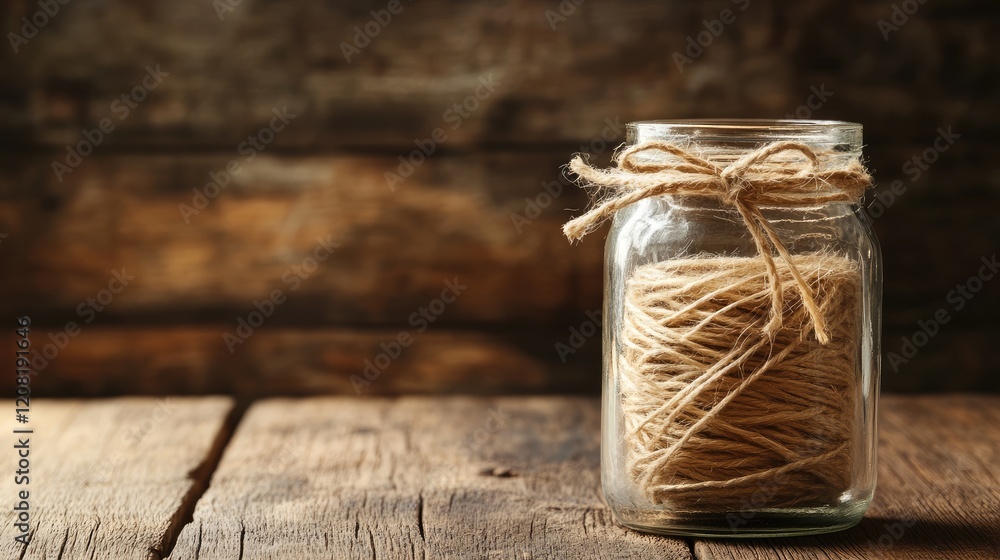 Aufkleber glass jar containing twine against a rustic wooden background with ample copy space for text or bran