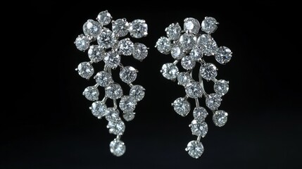 Earrings featuring a cascading waterfall design with small round diamonds, platinum finish, timeless sophistication generative ai