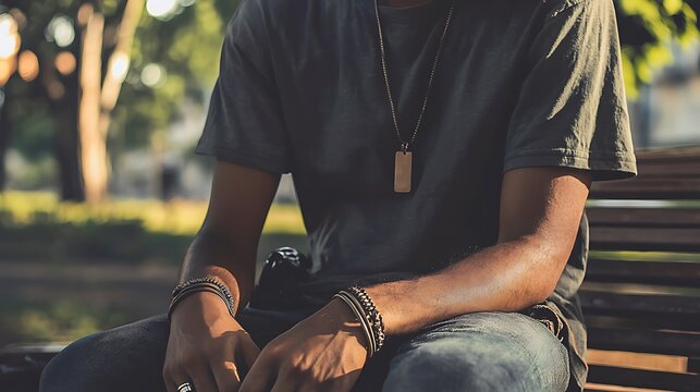 A man sits on a bench with his hands on his lap