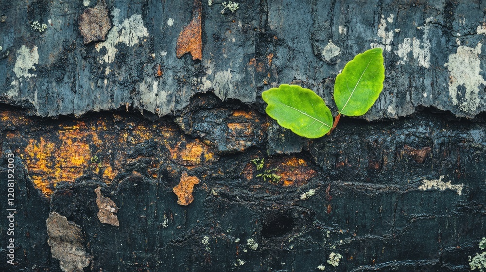 Poster new green leaves emerging from a tree trunk against textured bark in a vibrant nature setting symbol