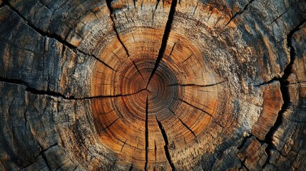Cross section of an old tree stump showcasing intricate textures and rich earthy tones for abstract wooden background use