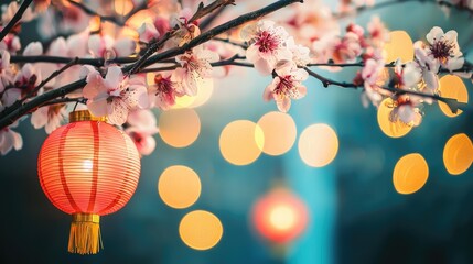 Chinese New Year background showcasing a glowing red lantern hanging among delicate cherry blossoms, complemented by warm golden bokeh. Ideal for seasonal celebrations