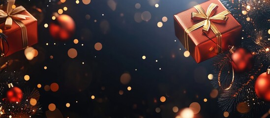 Colorful Holiday Promotion Banner Featuring Red Gift Boxes and Golden Accents on Dark Background with Bokeh Effects and Copy Space for Text