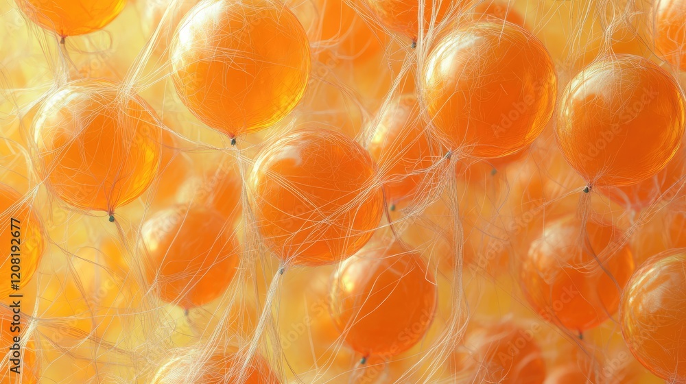 Poster vibrant orange balloons entangled with delicate threads on a soft yellow background creating a cheer