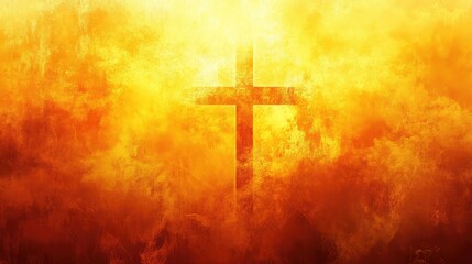 Fototapeta premium Vibrant Warm Orange and Yellow Religious Background with Cross Symbol and Soft Cloud Textures for Spiritual and Inspirational Concepts
