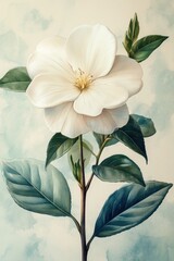 Elegant white flower with green leaves on light blue background in minimalist style