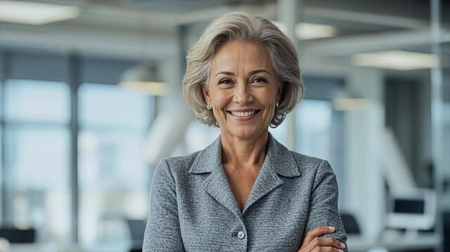 A confident old woman smiling with crossed arms in a professional office environment. Success and institutionalization. 09.
