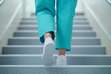 A person in scrubs walks up the stairs, showcasing a professional medical environment and the daily routines of healthcare workers.