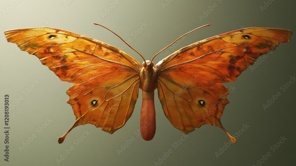 Poster Vibrant orange butterfly displaying elongated proboscis against a soft green gradient background, capturing intricate wing patterns and details.
