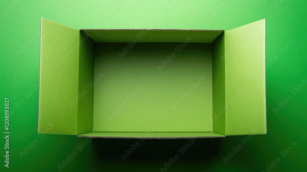 Poster open green cardboard box positioned on vibrant green background with flaps open showcasing empty int
