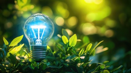 Bright Light Bulb Illuminating Green Leaves with Soft Bokeh Background Showcasing Optimized Settings for Energy Efficiency and Innovation