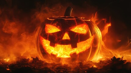 Naklejka premium Jack-o'-lantern Illuminated by Orange Flames Against Dark Backdrop with Smoldering Leaves