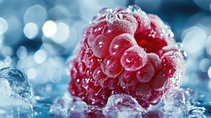 Frozen raspberry with water droplets on ice macro photography capturing fresh fruit in a cold environment with bokeh background effect.