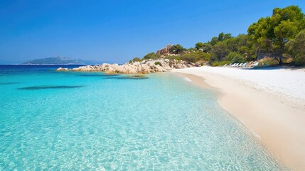 Fototapeta premium Serene Turquoise Sea with Sandy Beach and Clear Blue Sky Ideal for Summer Vacation and Holiday Promotions Blank Space for Text