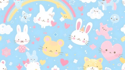 Adorable kawaii-style wallpaper with cute animals and pastel colors in a whimsical design